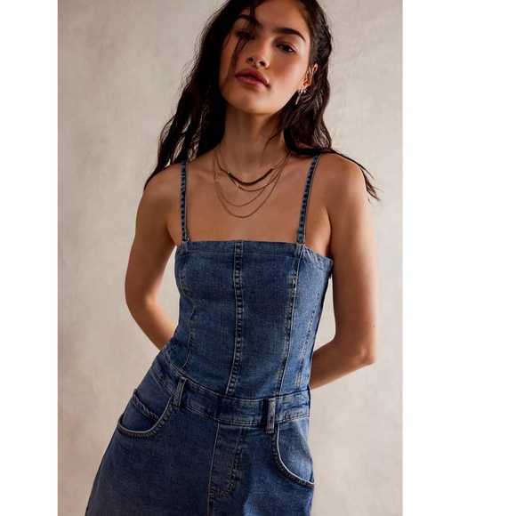 NEW FREE PEOPLE We The Free DENIM BLUE Je Suis Pret BARREL Pockets JUMPSUIT S - Picture 5 of 16